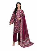 A woman modeling a traditional Indian salwar kameez suit in deep maroon with intricate multicolor floral embroidery, paired with matching maroon trousers and a sheer maroon dupatta with a floral border, set against a plain white background.