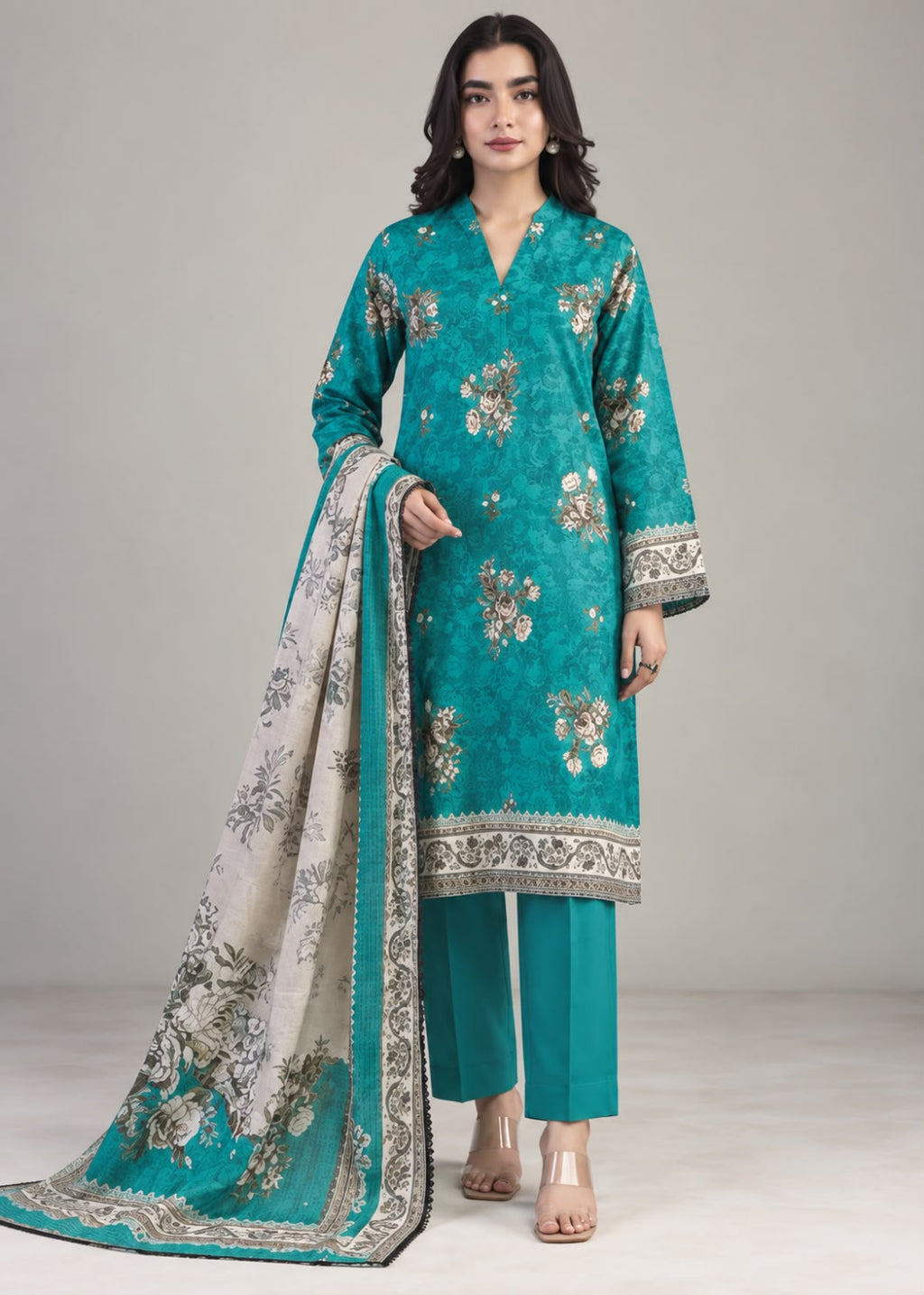 A woman modeling a traditional three-piece salwar kameez suit in teal, featuring a heavily embroidered kameez kurta with floral motifs, matching teal trousers, and a printed dupatta with a decorative border.