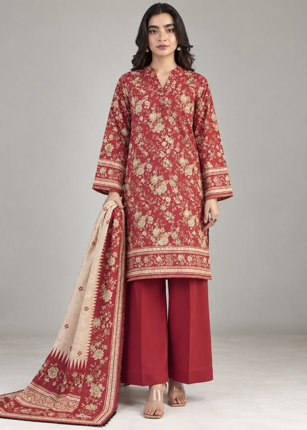 A woman models a traditional three-piece salwar kameez suit set. The kurta is a deep red with intricate beige floral embroidery, paired with matching red wide-leg trousers and a beige dupatta featuring red borders and floral motifs.