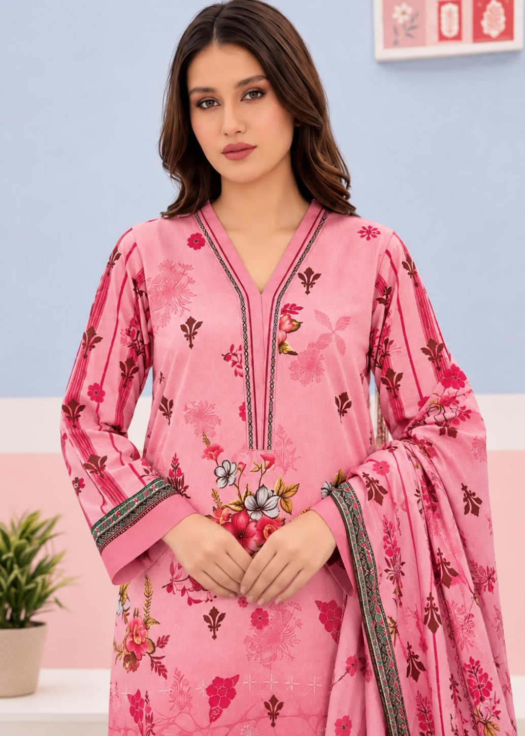 A woman modeling a pink floral printed kurta with a matching dupatta, featuring embroidered floral details and patterned borders on the neckline and cuffs.