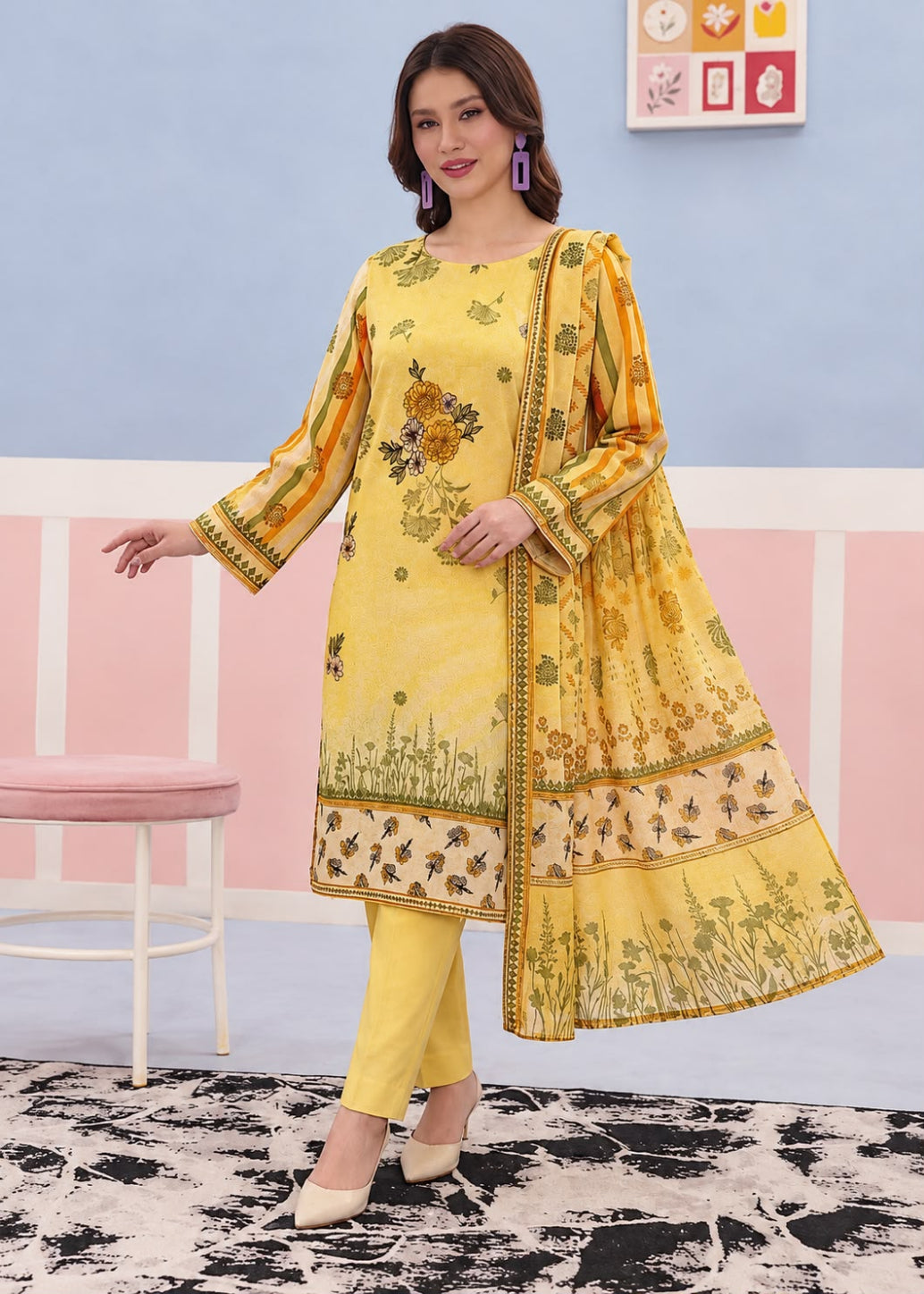 A woman models a three-piece yellow ethnic suit set featuring a printed kurta, matching pants, and a dupatta, set against a pastel pink and blue studio background.
