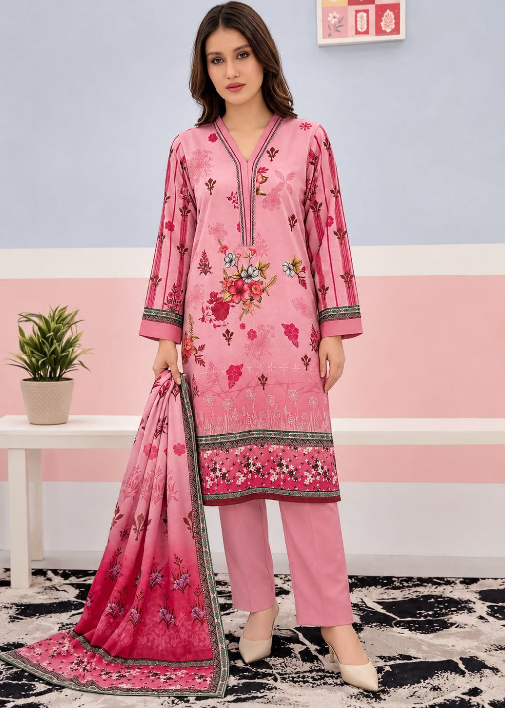 A woman models a pink three-piece ethnic suit set consisting of a long-sleeve kurta with floral embroidery, matching pink trousers, and a coordinating dupatta, set against a pastel pink and blue wall background.