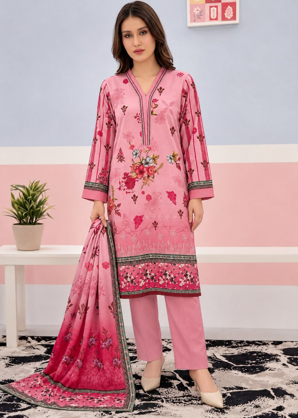 A woman models a pink three-piece ethnic suit set consisting of a long-sleeve kurta with floral embroidery, matching pink trousers, and a coordinating dupatta, set against a pastel pink and blue wall background.