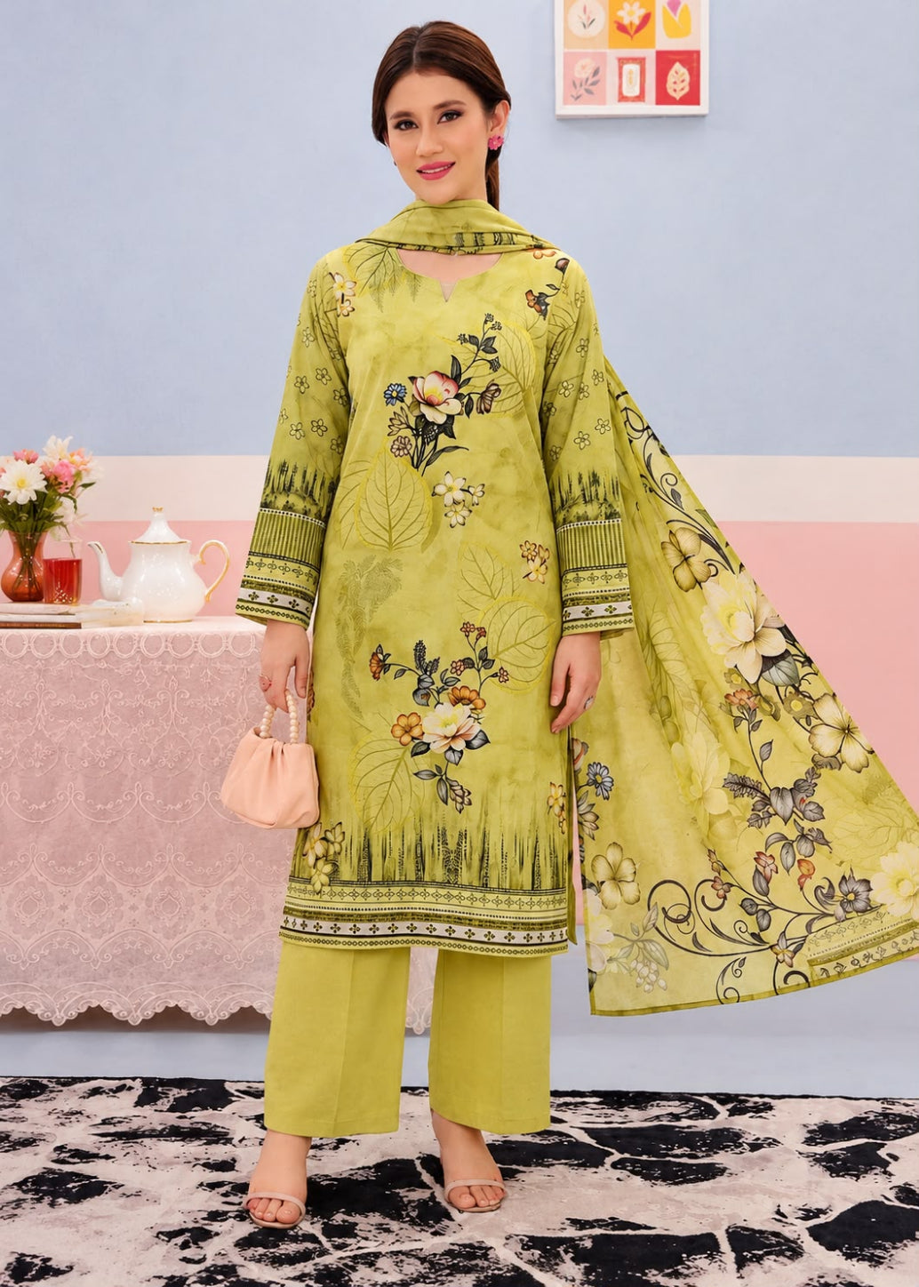 A woman models a three-piece olive green ethnic salwar kameez suit with floral embroidery, matching wide-leg trousers, and a sheer dupatta, set against a pastel pink and blue background.