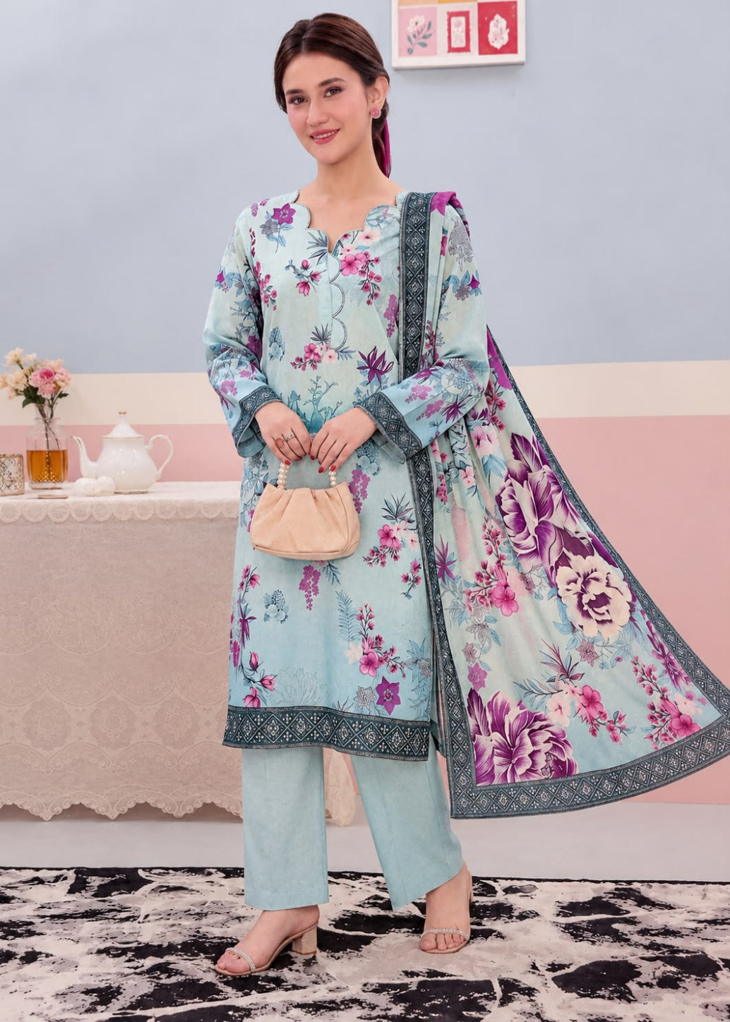 A woman models a light blue three-piece salwar kameez suit with a floral print, matching pants, and a dupatta, standing in a styled indoor setting.