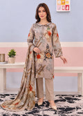 A woman models a three-piece traditional South Asian salwar kameez suit set. The set features a beige kameez kurta with a multicolor floral and paisley print, matching beige trousers, and a coordinating dupatta.