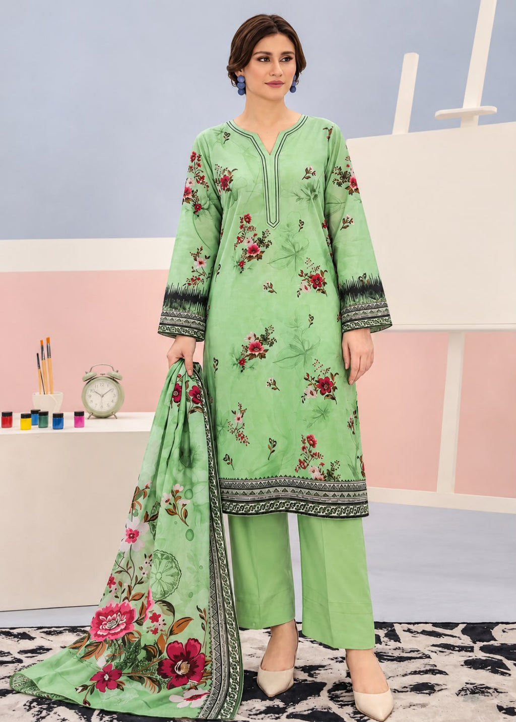A woman models a light green three-piece ethnic suit set featuring a floral printed kurta, matching pants, and a coordinating dupatta, set against a pastel studio backdrop.