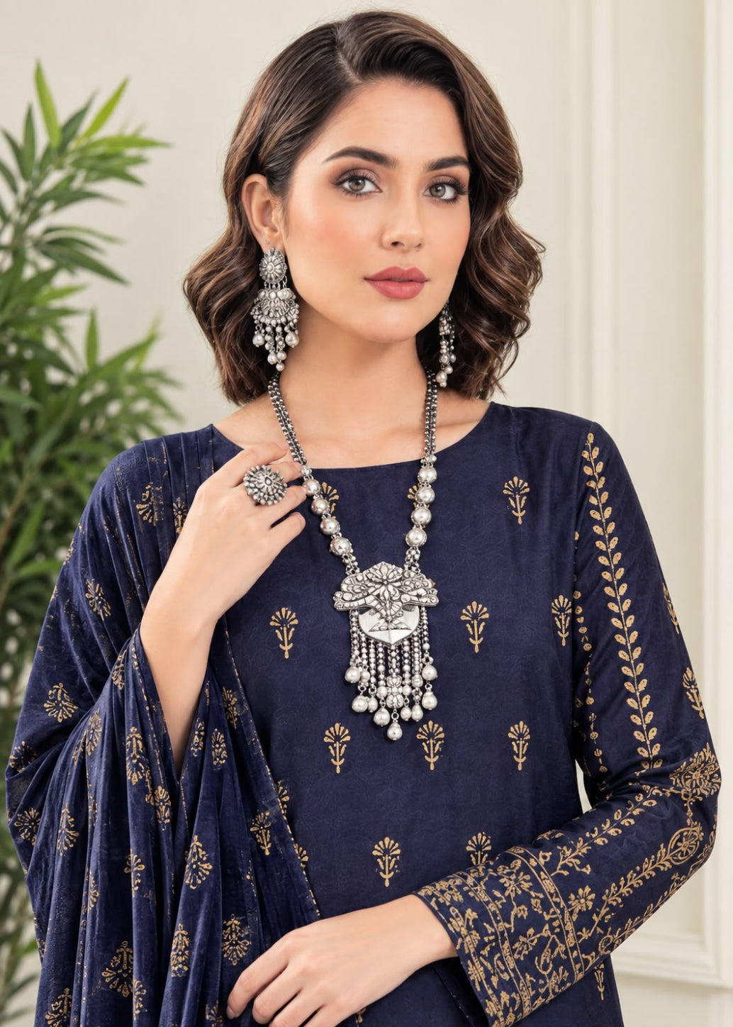 A woman modeling a navy blue embroidered traditional outfit with gold floral motifs, a matching dupatta, and ornate silver jewelry including a necklace, earrings, and ring.