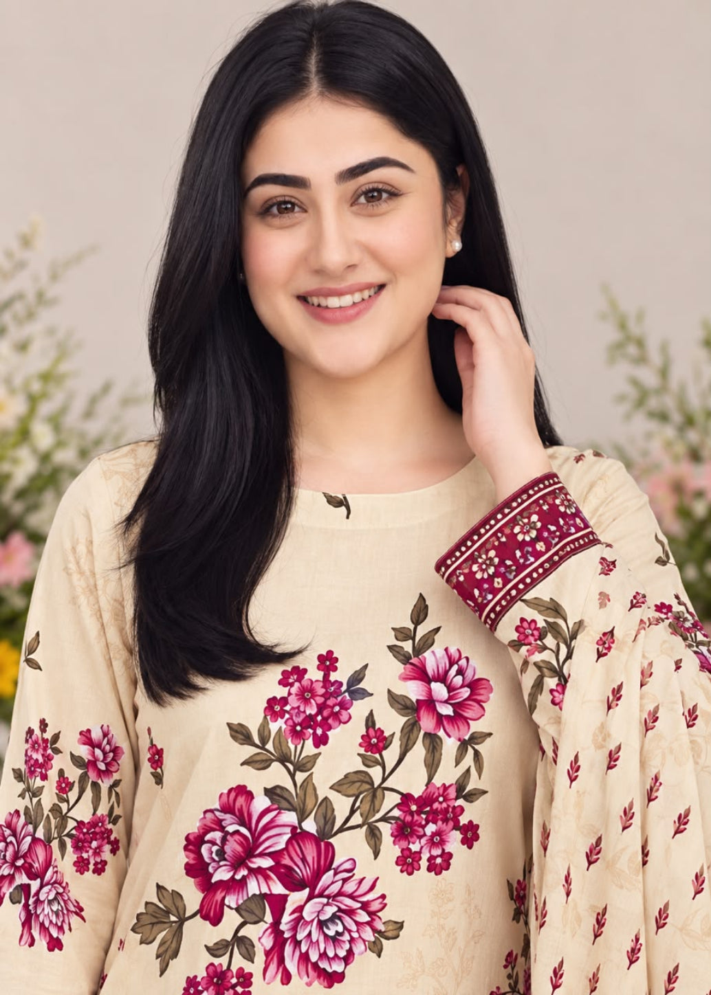 A woman with long black hair wearing a beige traditional outfit with pink and green floral embroidery and a matching embroidered cuff, posed against a soft beige background with blurred greenery.