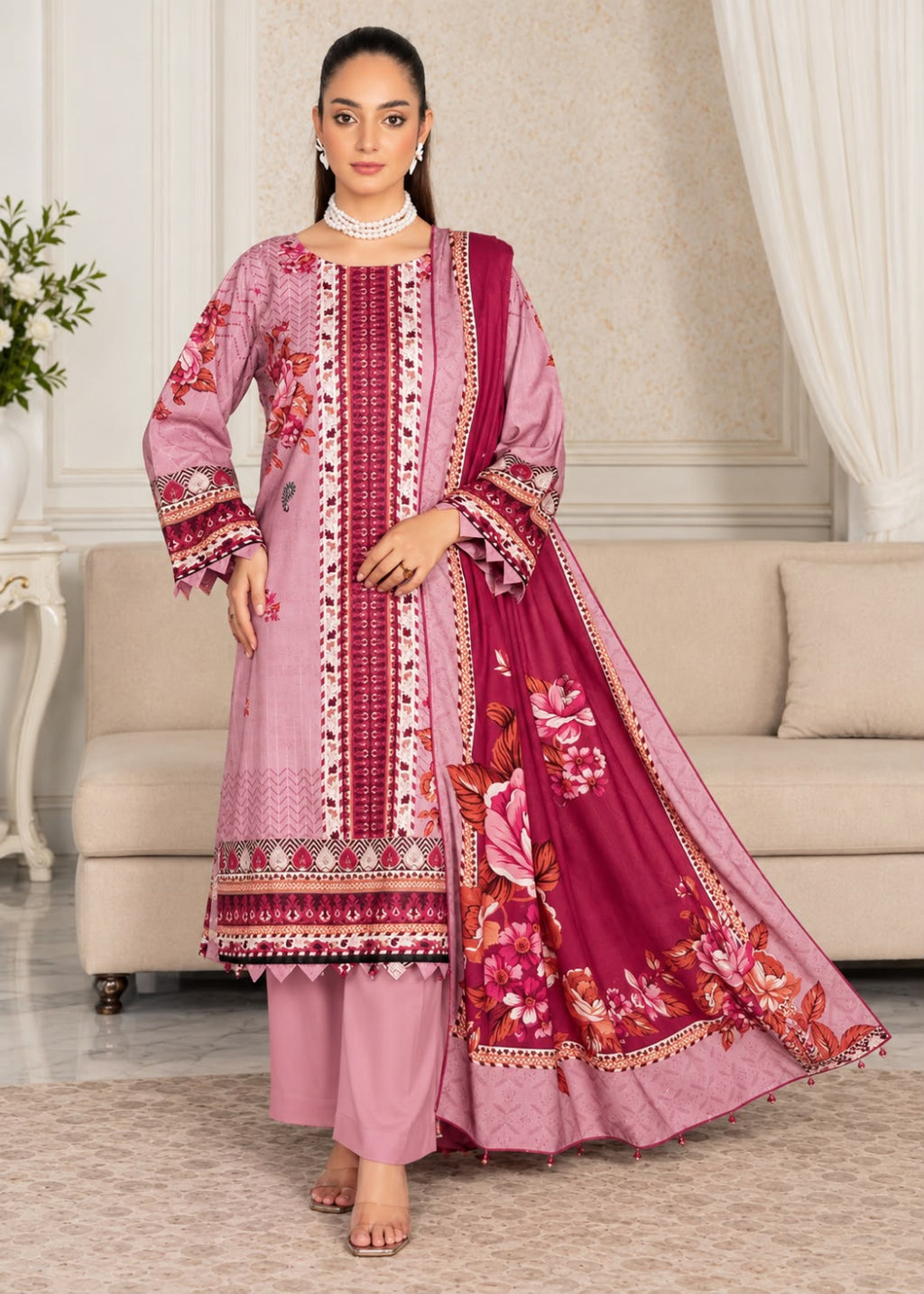 A woman models a traditional Indian salwar kameez suit in dusty pink and magenta with intricate floral embroidery and border prints, set against a neutral indoor living room background.