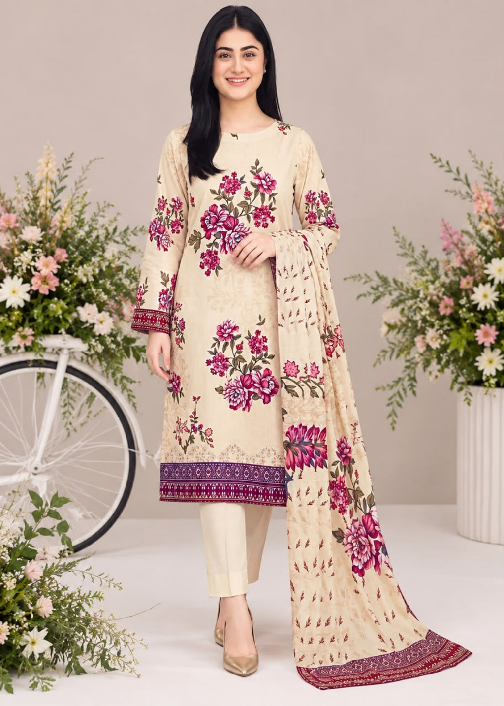 A woman models a traditional three-piece salwar kameez suit set in cream beige, featuring vibrant magenta and green floral prints, a patterned purple border, and a matching dupatta with floral motifs and a patterned border. The background is a soft beige studio setting decorated with floral arrangements and a white bicycle prop.