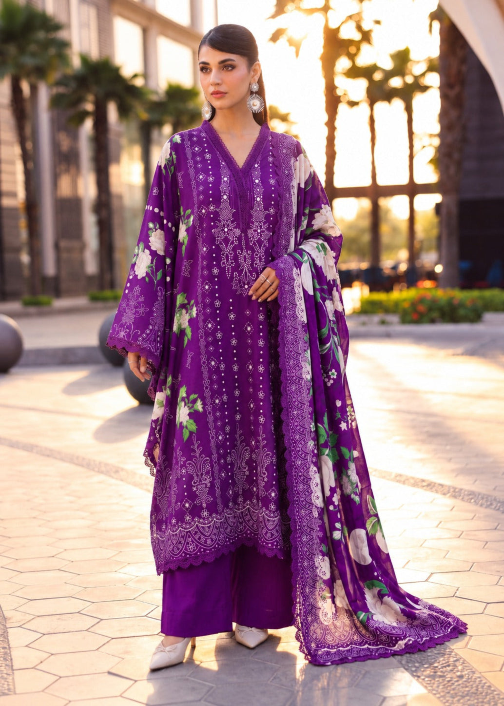 A woman models a purple traditional South Asian outfit with floral prints and silver embroidery, standing outdoors on a paved walkway with palm trees in the background.