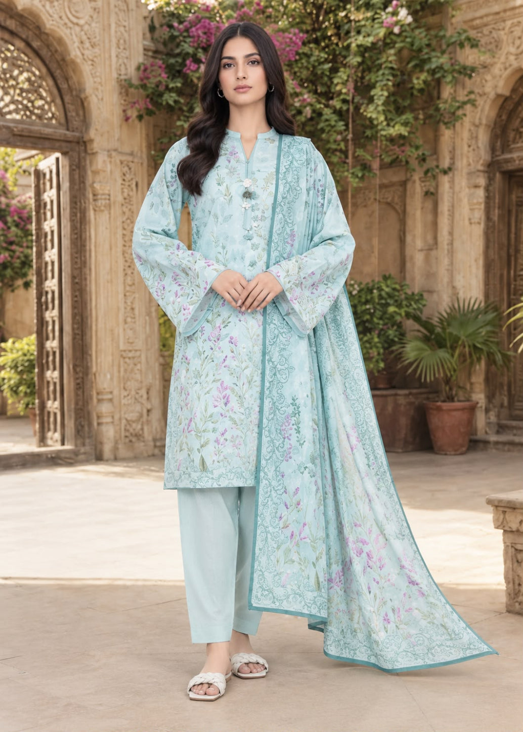 A woman models a traditional three-piece salwar kameez suit in light blue with floral embroidery, featuring a long-sleeved kurta, matching trousers, and a coordinating dupatta, set against an ornate stone courtyard background.