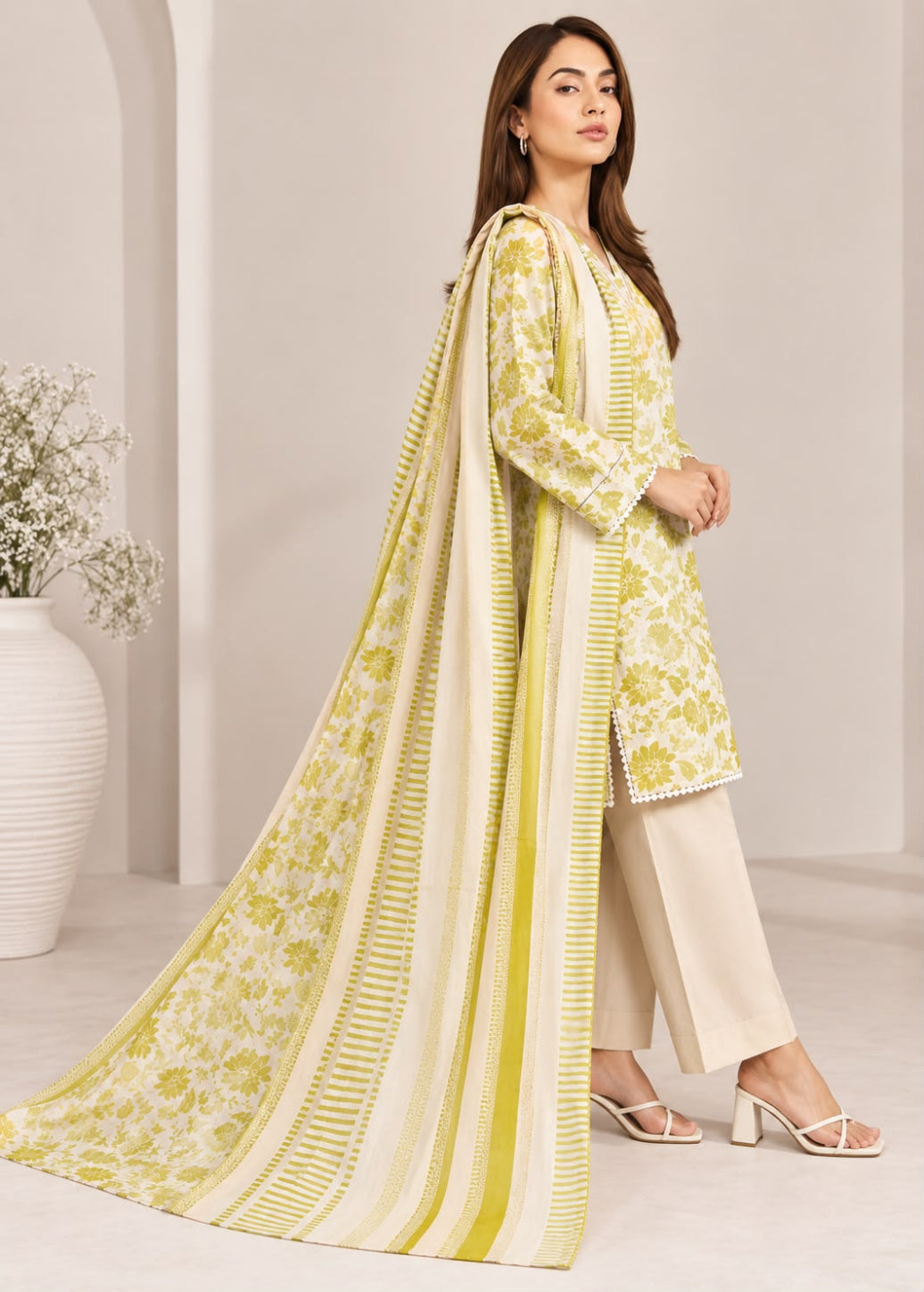 A woman models a traditional three-piece salwar kameez suit in a light olive green and cream color palette, featuring an embroidered kurta, wide-leg trousers, and a matching striped dupatta, set against a minimalist beige interior background.