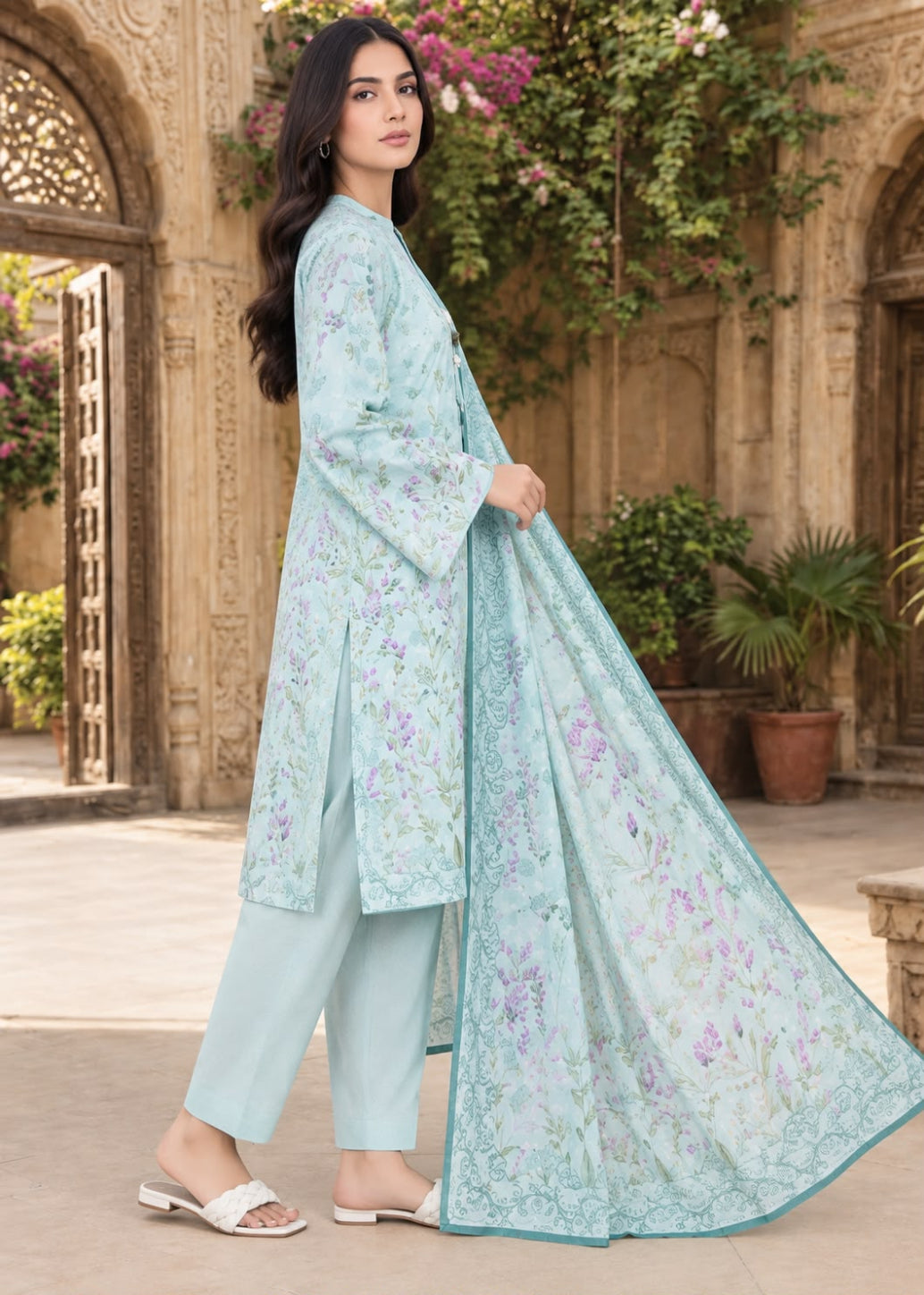 A woman models a traditional three-piece salwar kameez suit in a light mint green color with purple floral embroidery, standing in front of an ornate stone courtyard.