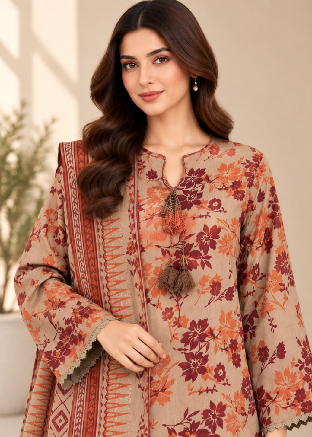 A woman modeling a beige printed kurta with rust red and orange floral motifs, paired with a matching patterned dupatta, set against a soft beige background.