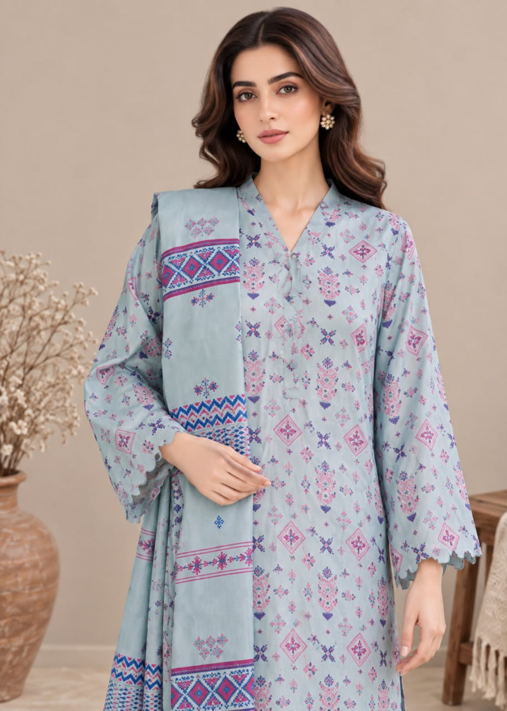 A woman modeling a light blue three-piece salwar kameez suit with pink and purple floral prints and a matching dupatta with geometric borders, set against a neutral beige background.