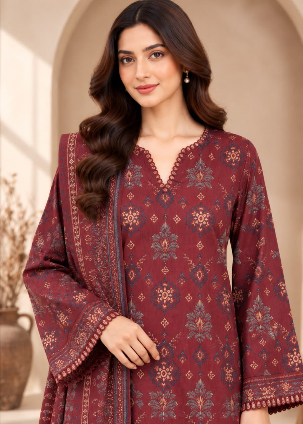 A woman modeling a deep maroon traditional kurta set with intricate blue and beige floral patterns, featuring a matching patterned dupatta, set against a warm beige arched background.