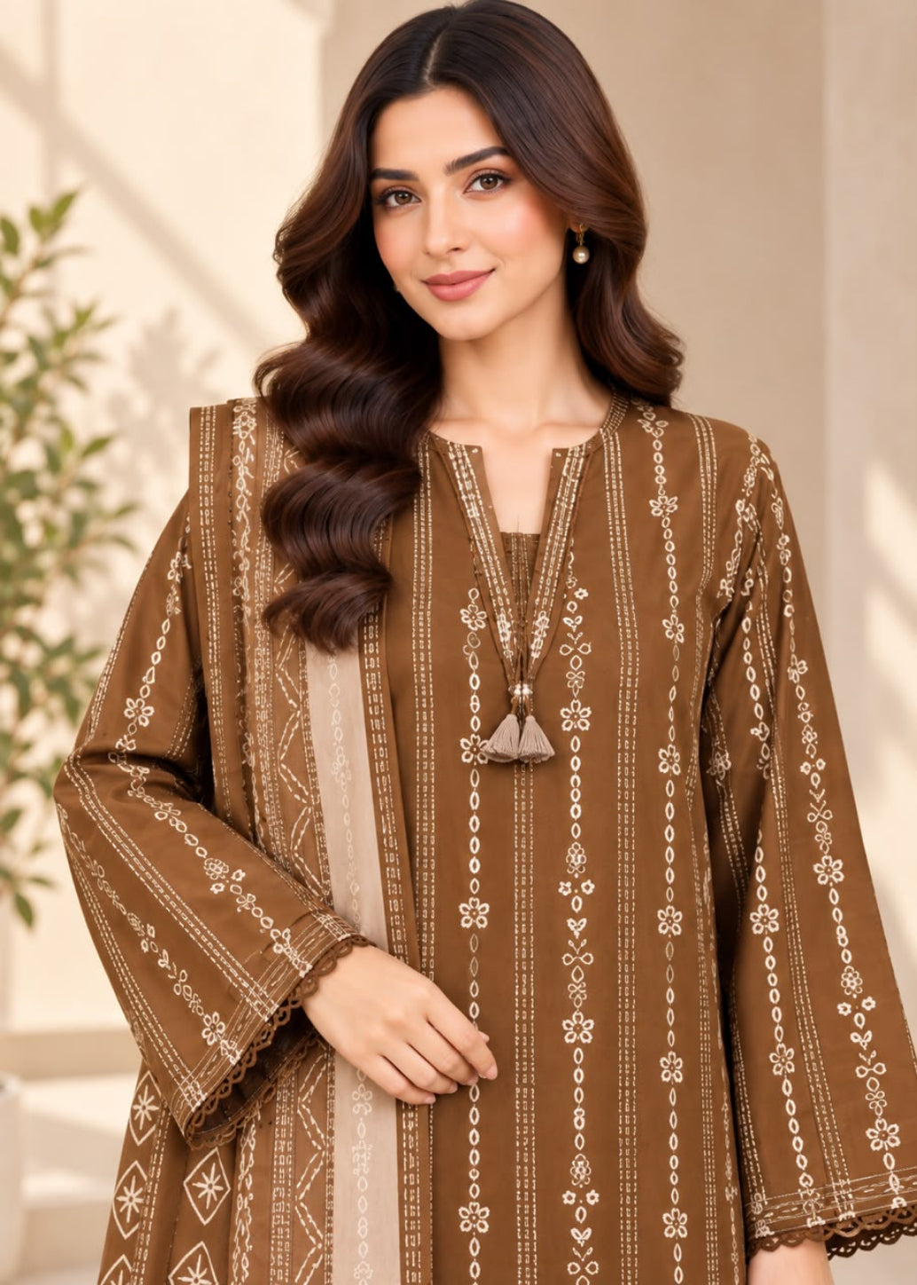 A woman wearing a brown long-sleeve kurta with beige vertical stripes and intricate embroidery, styled with a matching tassel necklace.