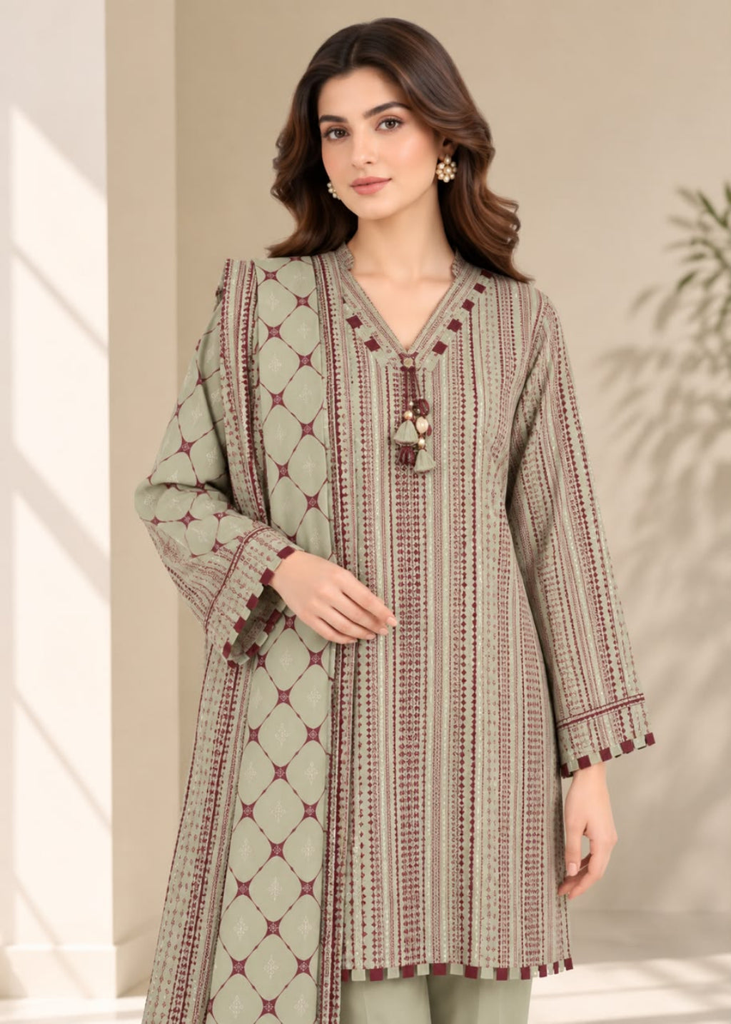 A woman modeling a traditional three-piece Indian salwar kameez set, featuring a light sage green kurta with vertical maroon and gold patterns, a matching dupatta, and olive green trousers, set against a warm beige background with soft shadows.