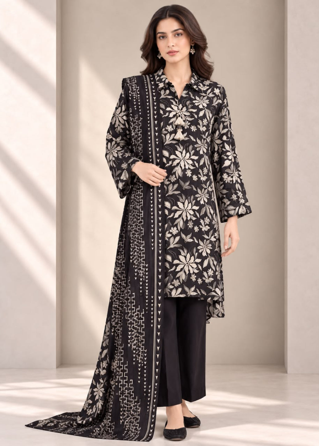 A woman models a black three-piece salwar kameez suit set featuring a long-sleeve kurta with white floral embroidery, matching embroidered dupatta, and black wide-leg trousers, set against a minimalist beige background with soft window shadows.