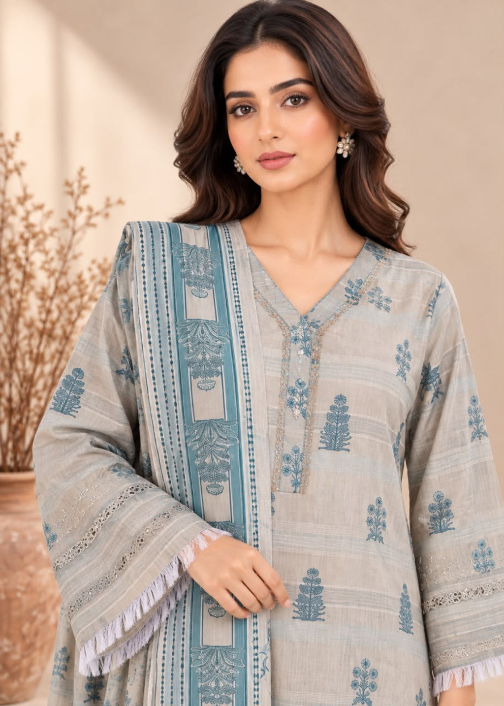 A woman modeling a light beige kurta with blue tree and geometric patterns, paired with a matching blue patterned dupatta, set against a warm beige background.