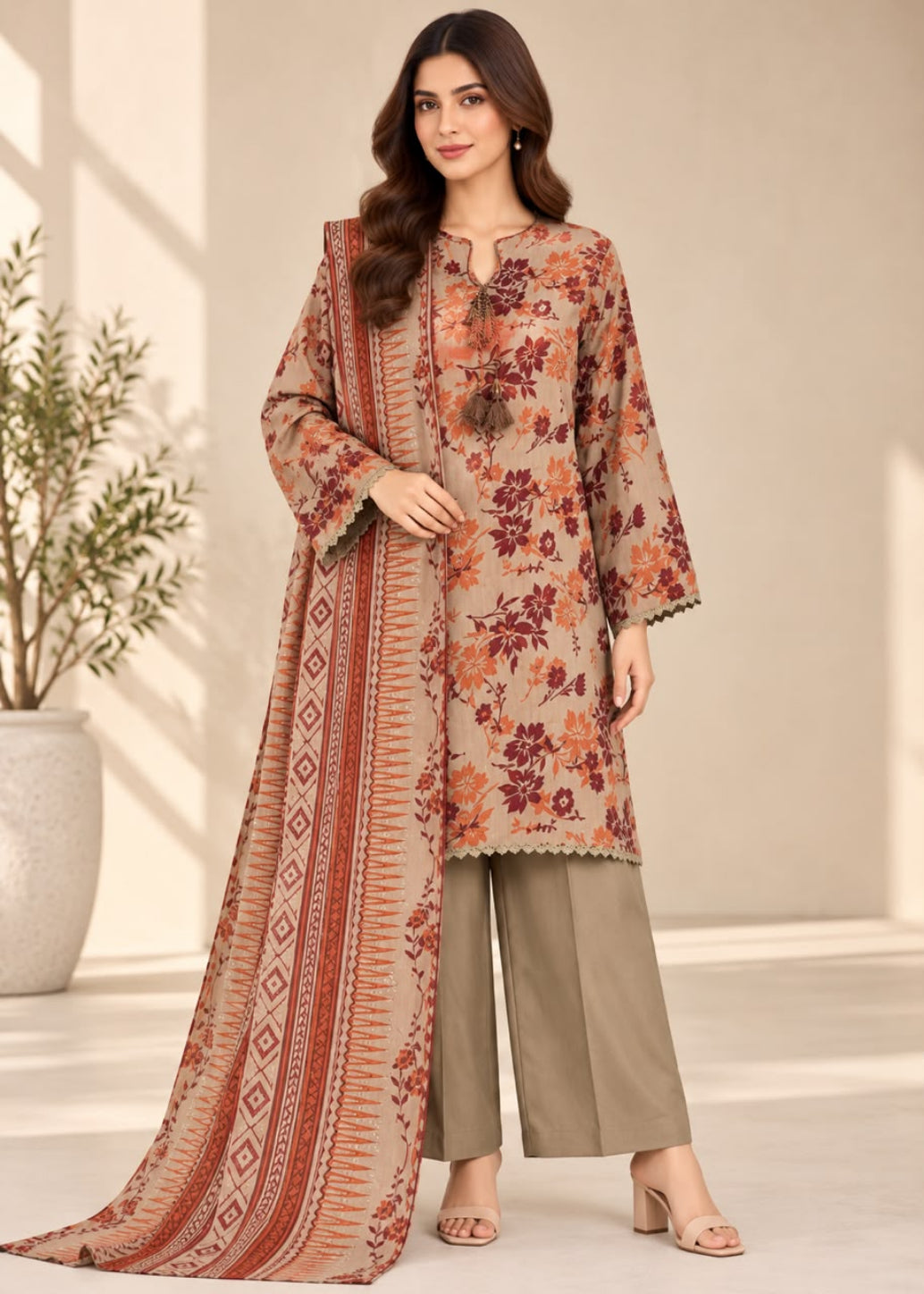 A woman models a traditional three-piece salwar kameez set. The set features a beige tunic (kameez) with a rust-orange and brown floral print, olive green wide-leg pants, and a matching dupatta with a rust-orange geometric pattern.