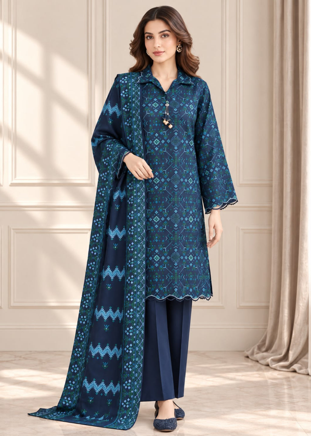 A woman models a three-piece navy blue ethnic salwar kameez suit set. The set includes a navy blue printed kameez kurta with a scalloped hem, matching navy trousers, and a navy blue dupatta featuring light blue geometric and floral patterns.