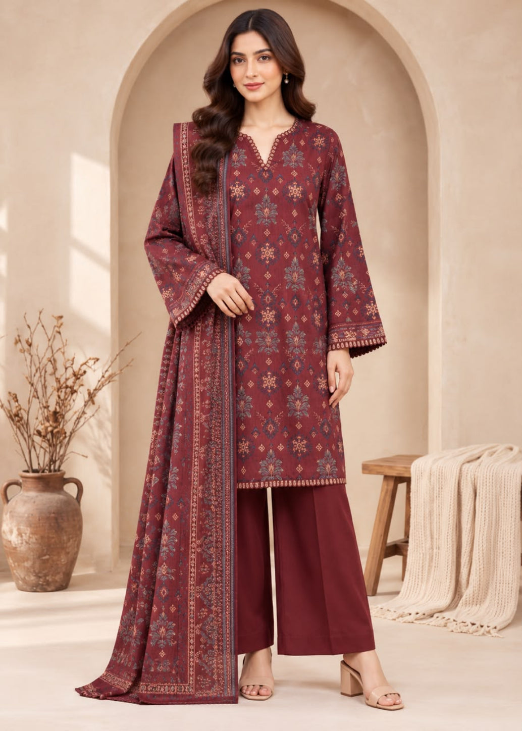 A woman models a three-piece traditional Indian salwar kameez suit in a warm, neutral-toned room with arches. The set features a deep maroon kurta with intricate multicolor floral embroidery, matching maroon wide-leg trousers, and a coordinating dupatta.