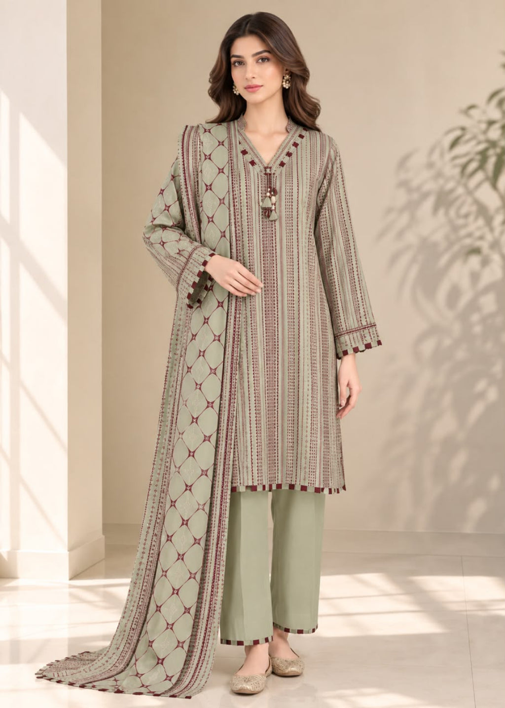 A woman models a three-piece traditional South Asian salwar kameez suit. The set features a long-sleeved tunic in sage green and brown with vertical stripes and geometric patterns, matching wide-leg trousers, and a coordinating dupatta with a geometric lattice pattern.