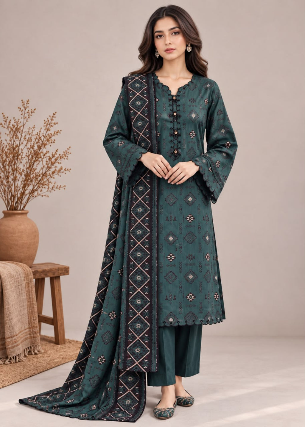 A woman models a dark teal green ethnic salwar kameez suit with matching pants and a dupatta, featuring geometric patterns and scalloped edges, set against a neutral studio background with a decorative wooden stool and vase.
