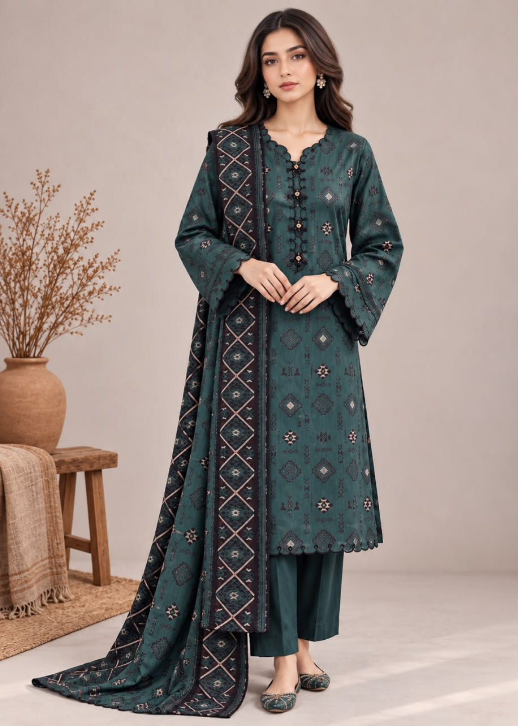 A woman models a dark teal green ethnic salwar kameez suit with matching pants and a dupatta, featuring geometric patterns and scalloped edges, set against a neutral studio background with a decorative wooden stool and vase.