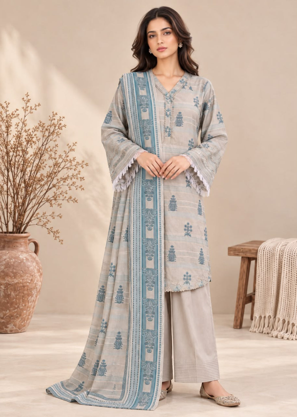 A woman models a light beige three-piece traditional outfit with blue printed motifs, featuring a long kurta, wide-leg pants, and a matching dupatta, set against a warm beige background with decorative plants and a wooden bench.