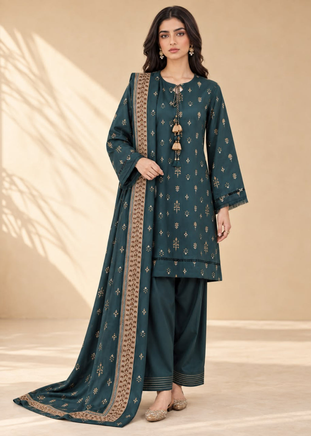 A woman models a dark teal green ethnic three-piece suit set featuring a kurta with gold embroidery, matching pants, and a dupatta with a beige and gold border, set against a warm beige background with soft leaf shadows.