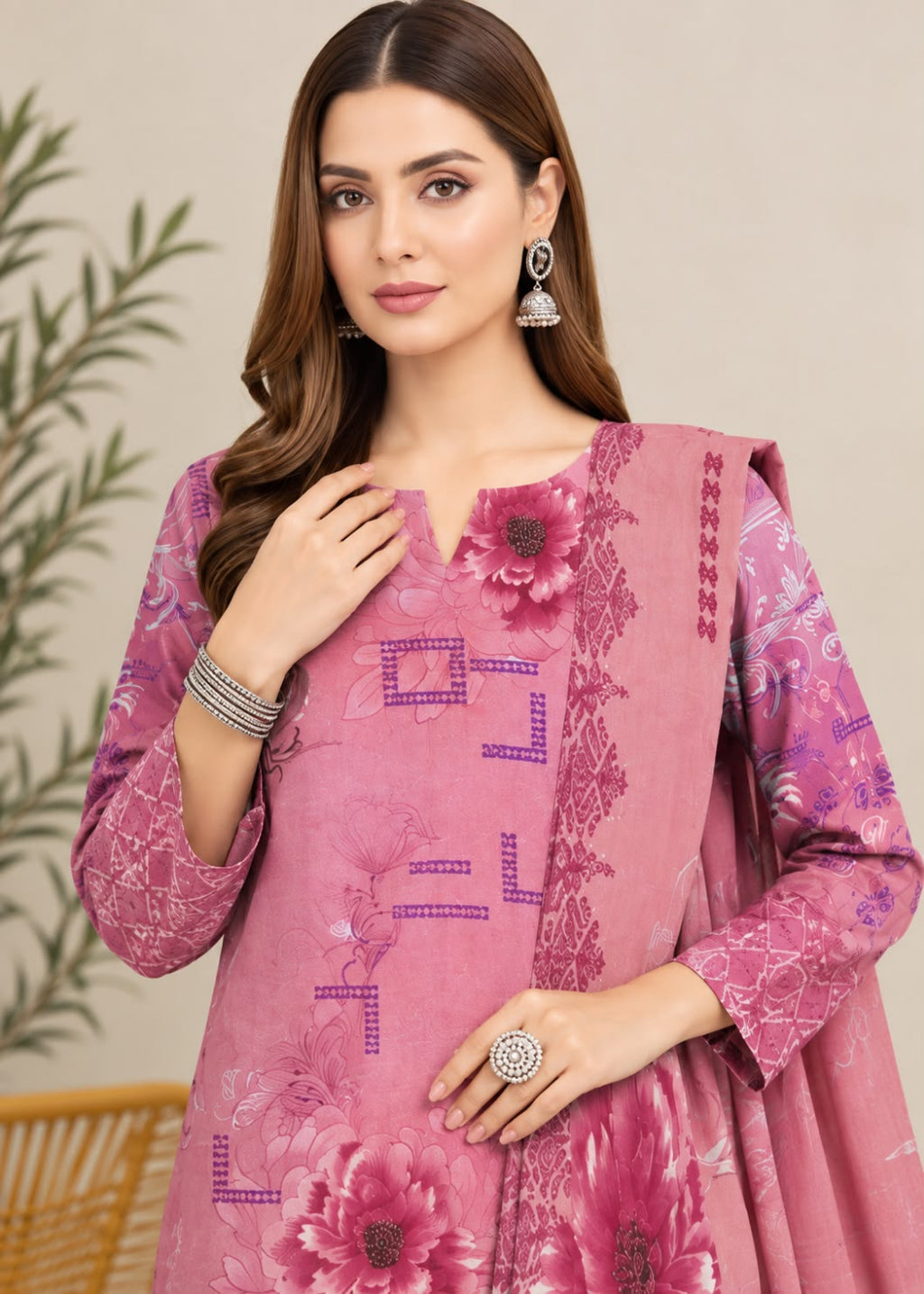 A woman modeling a pink traditional outfit with floral embroidery and purple geometric patterns, set against a soft beige background with a blurred plant.