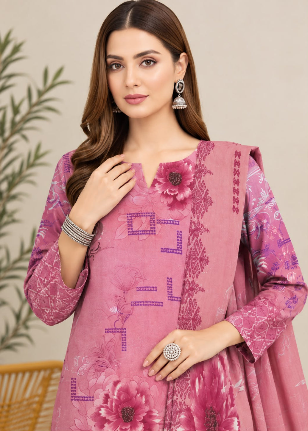A woman modeling a pink traditional outfit with floral embroidery and purple geometric patterns, set against a soft beige background with a blurred plant.