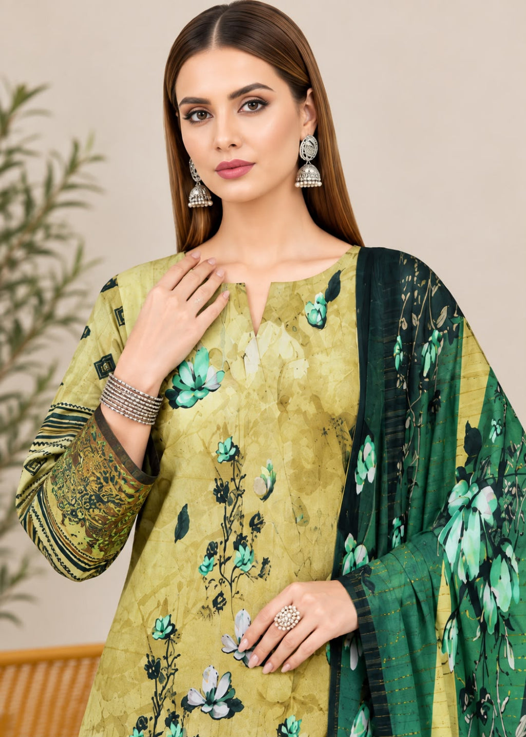 A woman modeling a traditional three-piece salwar kameez suit. The outfit features a mustard yellow-green printed kameez top with teal floral motifs, a matching green border dupatta, and a dark green printed kameez tunic underneath.