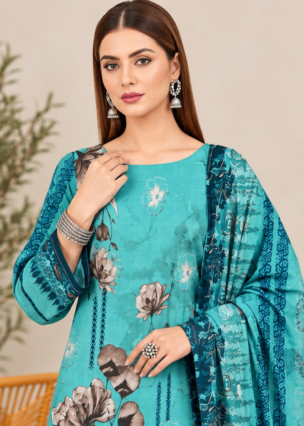 A woman modeling a turquoise blue printed salwar kameez suit with floral patterns and a matching dupatta, set against a soft beige background.