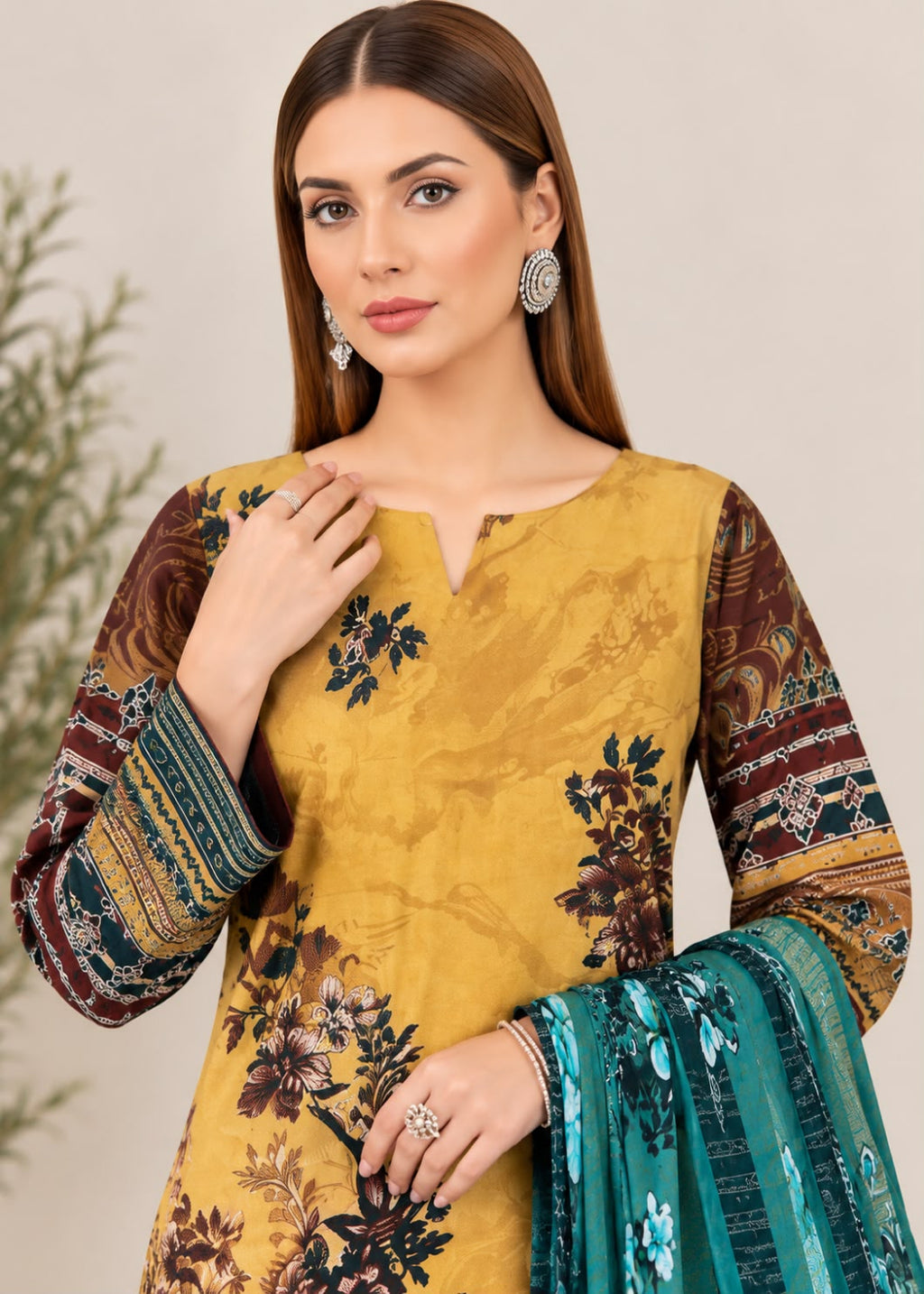 A woman modeling a mustard yellow unstitched salwar kameez suit with brown and navy floral prints on the sleeves and a teal dupatta.