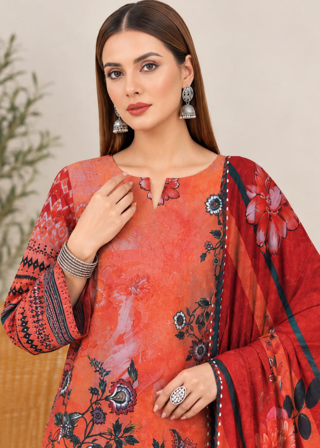 A woman modeling a vibrant orange-red printed salwar kameez suit with a matching dupatta. The suit features black and blue floral patterns, geometric borders on the sleeves, and silver jewelry.