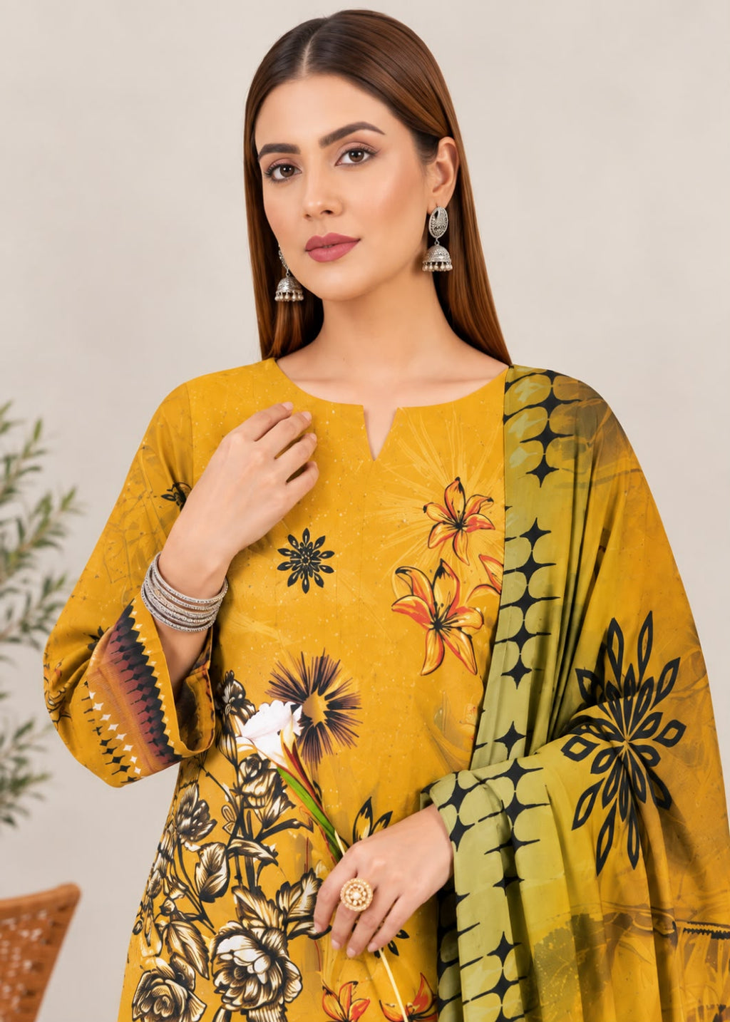 A woman modeling a mustard yellow 3-piece salwar kameez suit set with black floral prints and a matching dupatta, set against a neutral beige background.