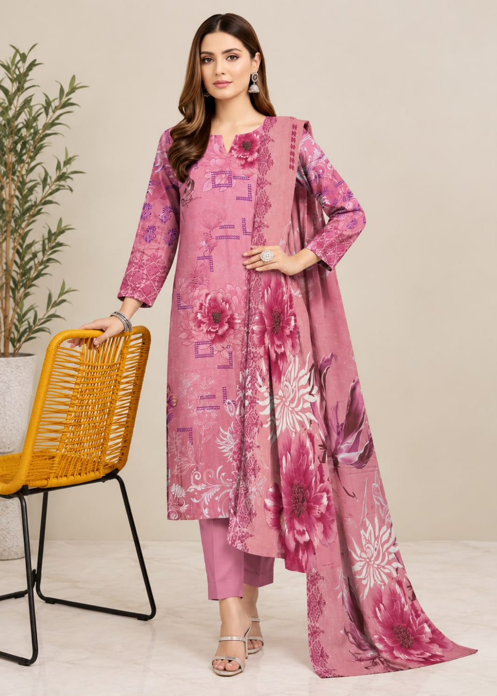 A woman models a three-piece pink ethnic suit set featuring a floral printed kurta, matching trousers, and a draped dupatta, standing next to a yellow woven chair against a neutral beige background.