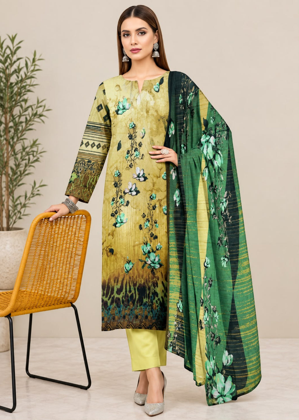 A woman models a three-piece ethnic salwar kameez suit set. The set features a mustard yellow and olive green printed kurta with blue and green floral motifs, matching solid yellow trousers, and a green striped dupatta with a floral print.