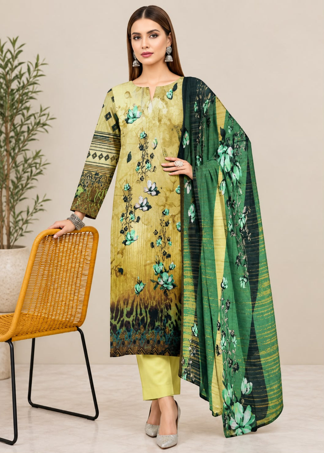 A woman models a three-piece ethnic salwar kameez suit set. The set features a mustard yellow and olive green printed kurta with blue and green floral motifs, matching solid yellow trousers, and a green striped dupatta with a floral print.