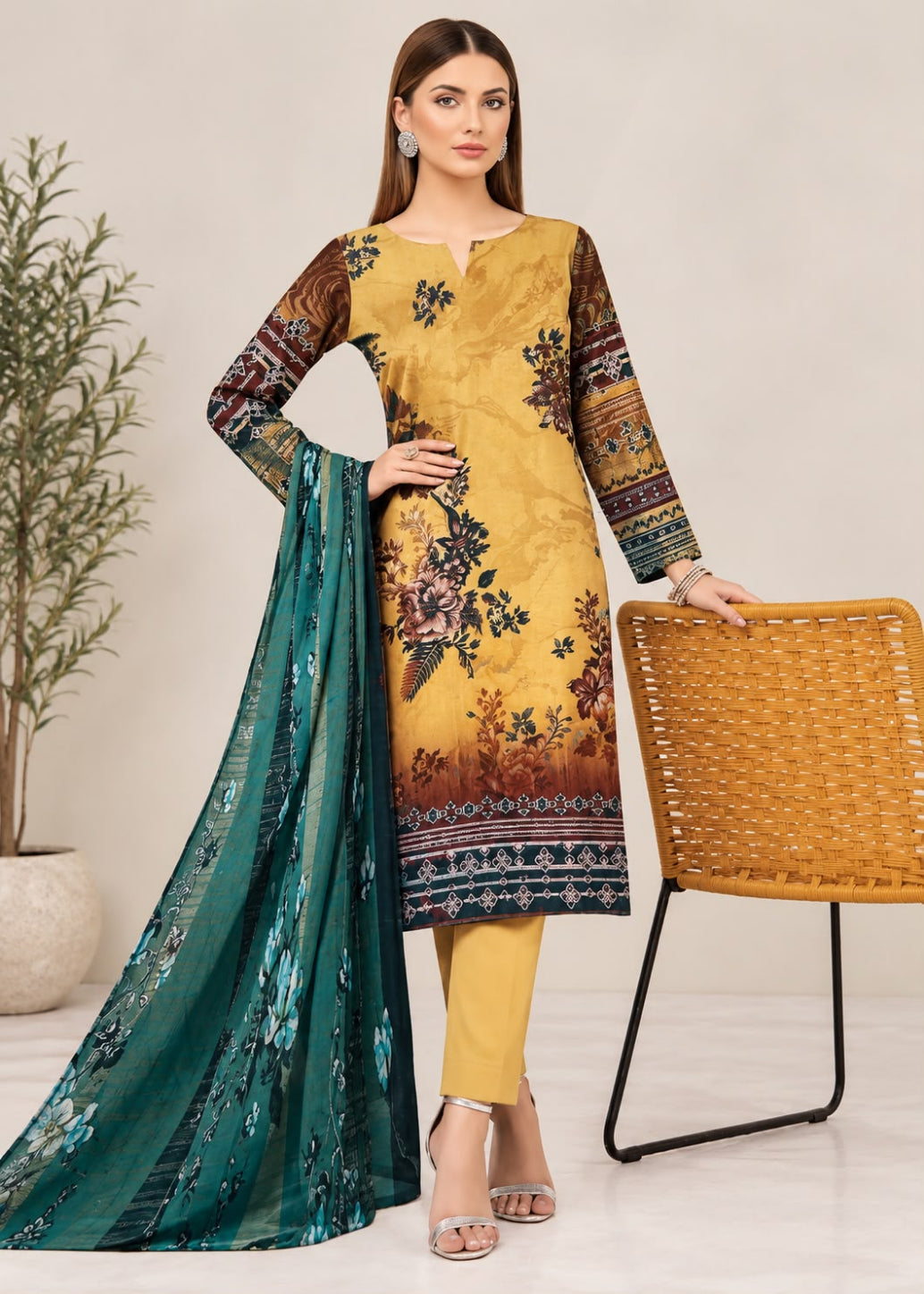 A woman models a three-piece traditional South Asian salwar kameez suit. The kurta is mustard yellow with a dark floral print and patterned sleeves, paired with matching yellow trousers and a teal dupatta with silver embroidery.