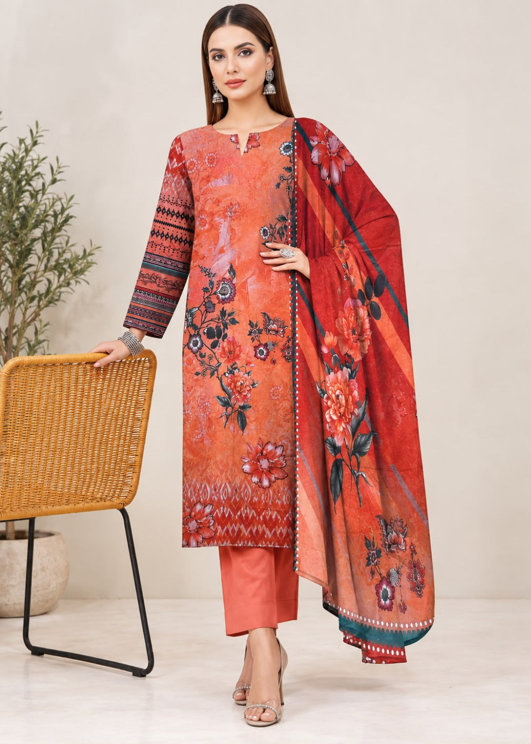 A woman models a three-piece salwar kameez suit set in a studio setting. The set features a burnt orange long kurta with floral and geometric prints, matching orange trousers, and a coordinating dupatta in a vibrant red-orange with floral motifs and a teal border.