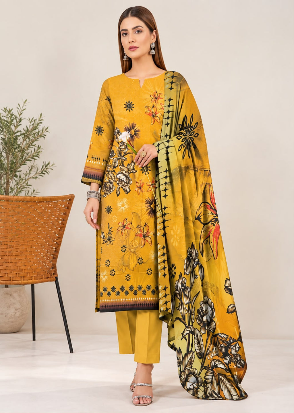 A woman models a three-piece mustard yellow ethnic suit set featuring a printed kurta, matching trousers, and a coordinating dupatta with floral and geometric patterns, set against a neutral indoor background with a chair and plant.