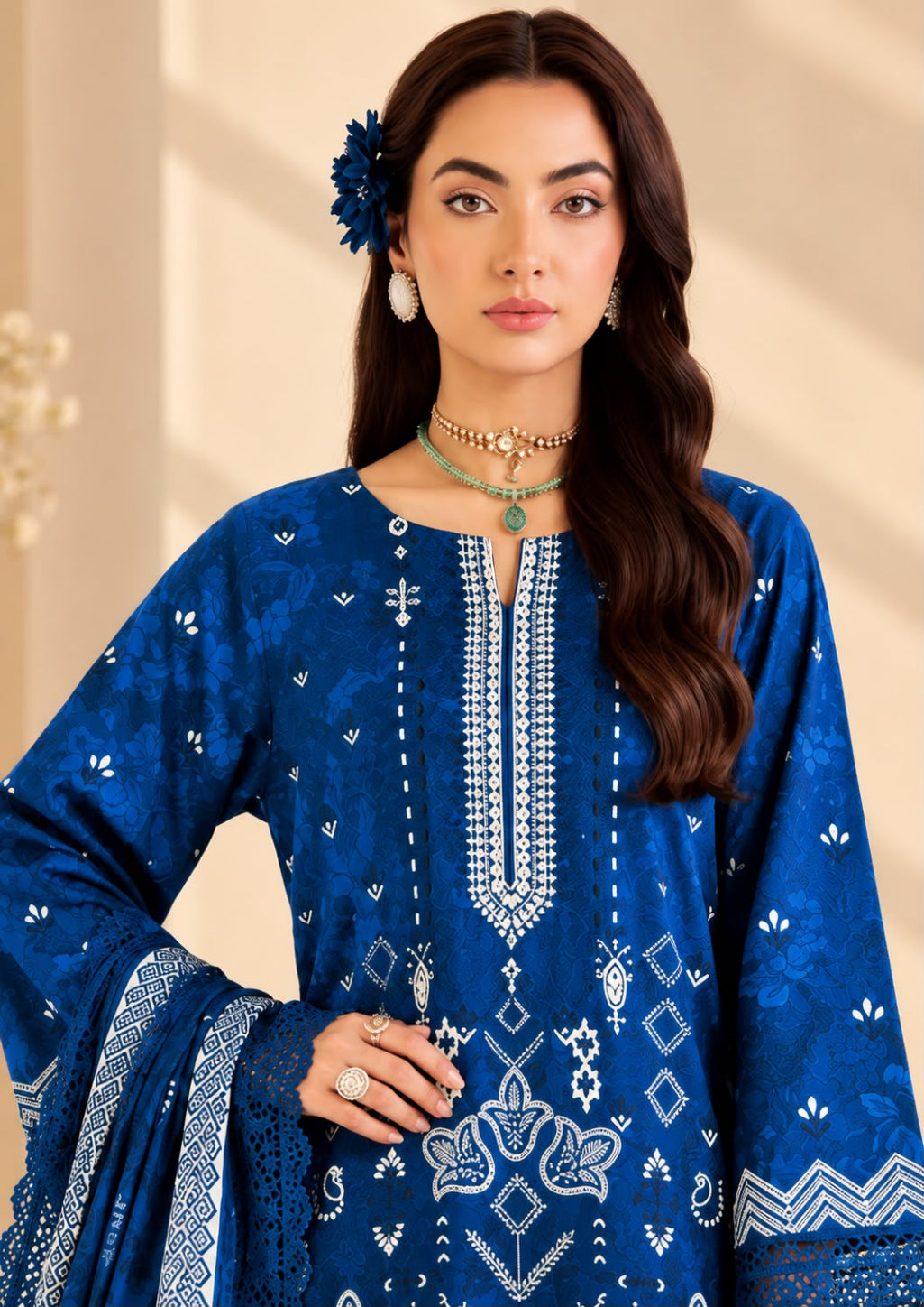 A woman modeling a royal blue embroidered traditional outfit with white printed motifs, a matching dupatta, and ornate silver jewelry against a warm beige background.