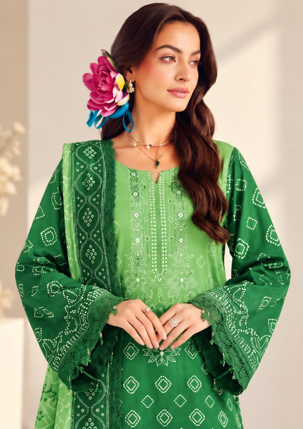 A woman wearing a green embroidered traditional outfit with long wide sleeves, lace trim, and white geometric patterns, styled with a large pink and blue flower in her hair.