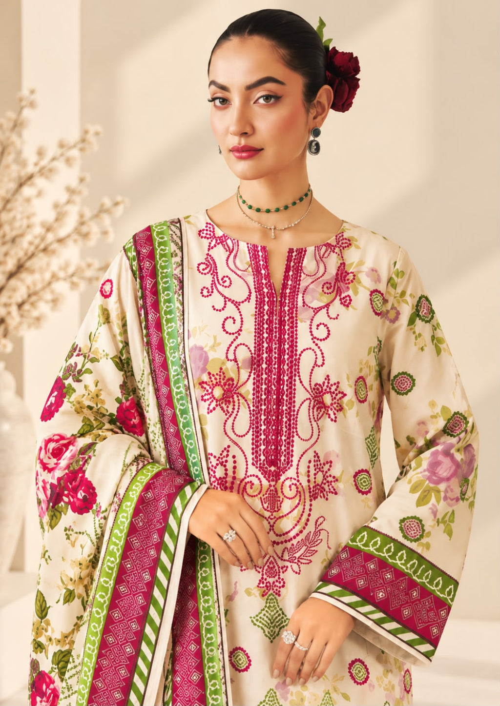 A woman models a traditional South Asian salwar kameez set featuring a cream-colored kurta with vibrant magenta floral embroidery and a matching dupatta with green and magenta borders.